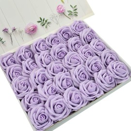 DerBlue 60pcs Artificial Roses Flowers Real Looking Fake Roses Artificial Foam Roses Decoration DIY for Wedding Bouquets Centerpieces,Arrangements Party Baby Shower Home Decorations (Lilac)