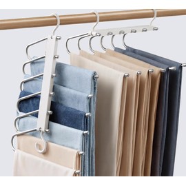 Space Saving Pants Hanger 6 Tier - Stainless Steel No Slip Multi Trouser Rack for Jeans, Slacks, Scarves - Vertical Folding Closet Organizer Saver for Men Women, 2 Pack