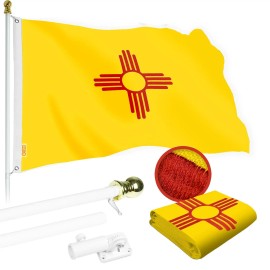 UD_G128 Combo Pack: 5 Ft Tangle Free Spinning Flagpole (White) & New Mexico Flag 2x3 Ft Embroidered 220GSM Spun Polyester, Brass