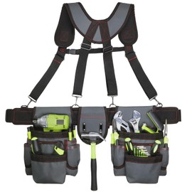 Tool Belt, Professional Tool Belts for Men, 32 to 66 Inches Adjustable Waist, Tool Belt with Suspenders Electrician Tool Belt for Carpenters, Construction Workers and Gardeners, Grey and Red