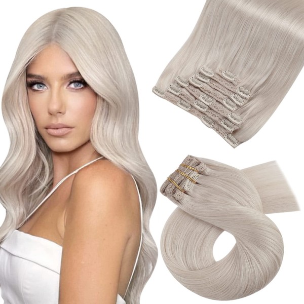 Moresoo Clip-In Real Hair Extensions, 35 cm, Remy Real Hair Extensions, Clip-In Blonde, 5 Wefts, Double Wefts, White Blonde #60A, 80 g
