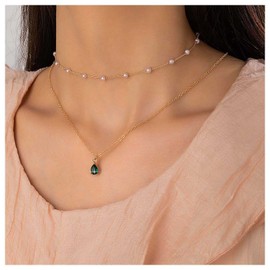 Allereya Vintage Layered Emerald Necklace Teardrop Emerald Pendant Necklace Tiny Beads Pearl Choker Necklace Gold Pearl Necklace Jewellery for Women and Girls