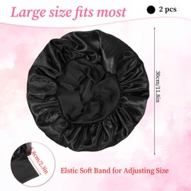 JIYIN Pack of 2 Satin Sleeping Caps, Night Sleep Cap, Hair Bonnet, Breathable Sleep Cap, Shower Caps, Soft Head, Silk with Elastic Band for Women and Girls (Black)