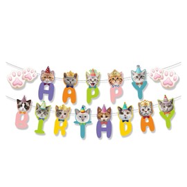 DIADARL Cat Birthday Banner Cat Birthday Decoration Cat Birthday Banner Pet Theme Cat Face and Paw Print Happy Birthday Banner for Boy and Girl Baby Shower Party Supplies for Cat Theme Party