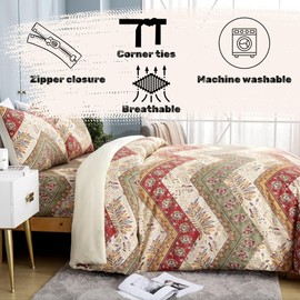 DaDalogy Bedding Botanical Floral Duvet Cover Set w/Pillow Cases - Bohemian Chevron Paisley Filigree Cranberry Red Sage Green Rainbow - Colorful Comforter Cover w/Corner Ties Zipper - Full - 3-Pieces