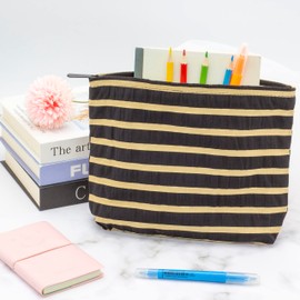 PAZIMIIK PAZIMIIK Floral Makeup Bag Large Cotton Zipper Pouch for Purse Travel Canvas Make Up Organizer for Women Cosmetic,Stripe Black