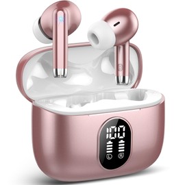 Hoxe Wireless Earbuds, New Bluetooth 5.3 Earbuds Stereo Bass, Bluetooth Headphones in Ear Noise Cancelling 4 Mics, Earphones IP7 Waterproof Sports, Rose Gold, S26-Rose