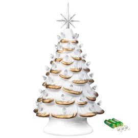 Sunlit Cordless Lighted Ceramic Christmas Tree Vintage Tabletop Christmas Decoration Pre-Lit Colorful Mini Light Bulbs 13'' Traditional AA Battery Operated LED - White and Gold