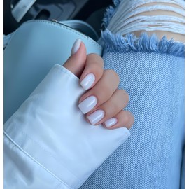 KQueenest Acrylic Press on Nails Short Square, White False Nails Short Coffin, Glossy Natural Solid Color Small Fake Nails Set, Reusable Gel Stick on Nail for Women Finger Daily Wear 24 Pcs