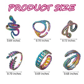 Ornaland 6 Pcs 6 Styles Open Rings Set Leaf Snake Feather Shape Oval Cuff Rings Hollow Wide Open Rainbow Color Adjustable Rings Jewelry for Women