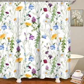 LIVILAN Fabric Floral Shower Curtain Set with 12 Hooks Decorative Bath Curtain Modern Bathroom Accessories, Machine Washable, Colorful Flowers and Green Leaves Pattern, White, 72" x 72" Inch