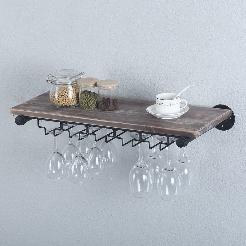 OLDRAINBOW Industrial Wine Rack Wall Mounted with 5 Glass Holder,Wine