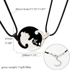 BONJOULRY Yin Yang Couples BFF Cat Necklace for 2 Stainless Steel Chain Friendship Matching Dog Necklaces for Women Trendy Teen Pet Cat Dog Lovers Chirsmas Gifts (Round-Black&Silver-Cord)