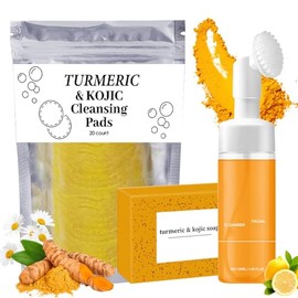 Set De Tres Piezas Para El Cuidado Y La Limpieza Facial Con Cúrcuma: Limpiador Facial, Jabón En Barra Y Discos Exfoliantes Faciales De Cúrcuma; Set De