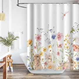 Ticuenicoa Easter Bunny Floral Shower Curtain Set with 12 Hooks, Spring Watercolor Flowers Cute Rabbits Holiday Bath Curtains Pink Flowers Bathroom Bathtubs Decors Sets(72''Wx72''H)