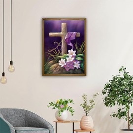TUTUMAY21 He is Risen Religious Cross Sign Diamond Painting, Purple Scarf Cross Diamond Painting Kits for Adults Beginners, 5D Full Drill Diamond Art Crafts for Home Wall Decor 12x16inch