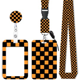 ID Badge Holder with Retractable Lanyard, Badge Holders Reel with 360 Degrees Rotate Carabiner Clip for Women, Teachers, Nurses, Doctor,Students, Office(Black Orange Checkered)