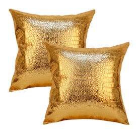 MUKA 2 Pcs PU Leather Throw Pillow Covers 18 X 18 Inches, Solid Dyed Crocodile PU Leather Sofa Backrest Throw Pillow Cover-Gold