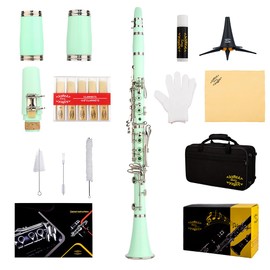 GLORY Glory GLY-CLAGN Professional Ebonite Bb Clarinet with 10 Reeds, Stand, Hard Case, Cleaning Cloth, Cork Grease, Mouthpiece Brush and Pad Brush,Green
