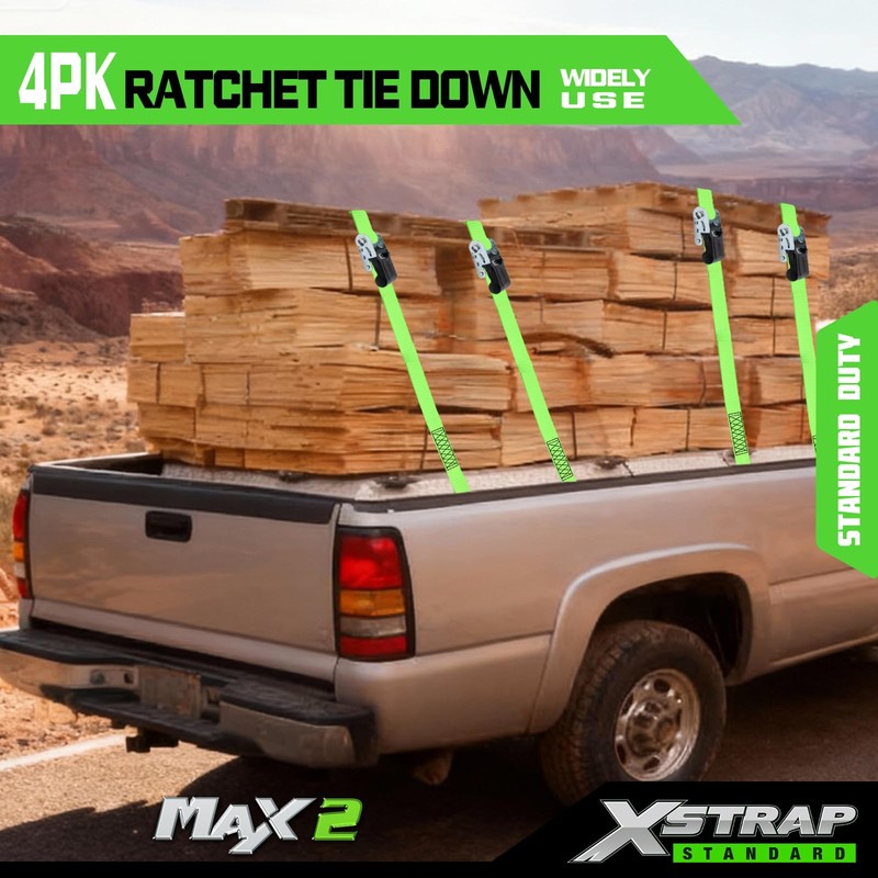 XSTRAP STANDARD Ratchet Tie Down Straps 4Pk 15Ft 1500Lb Break