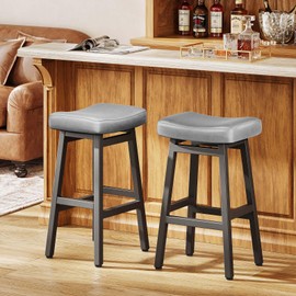 Raynesys 29 Inches Bar Stools Set of 2, Bar Height Barstools for Home Counter, Blackless Barstool with Bonded Leather Saddle Seats & Heavy Duty Metal Legs, Easy Assembly, Gray/Black