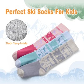 Moon Tree Boys Ski Socks for Kids Winter Warm Snowboarding Socks Thick Thermal Skating Skiing Socks for Boys Girls 3 Pack Xmas Deers 10-12 Years
