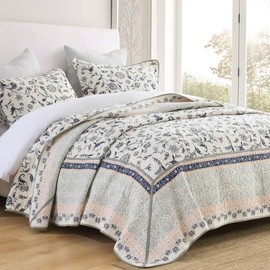 Finlonte Botanical 120"x120" California King Size Bedspread, 100% Cotton Vintage Floral Quilted Bedspread Coverlet Bedding Set, Patchwork Lightweight Extra Large Quilt XL Bed Spread, Gray/Navy, 3Pc