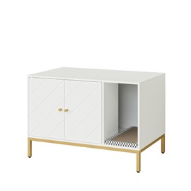 Apetaccat Cat Litter Box Enclosure, Modern Hidden Litter Box Furniture with Scratching Pad, Wooden Cat House Cabinet with Gold Metal Legs, Fit Most of Litter Box, White