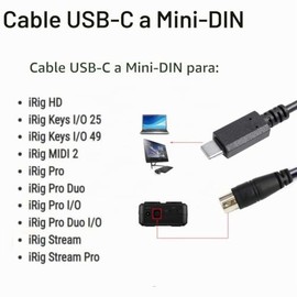 Cable macho USB-C a Mini-Din MIDI de 7 pines, compatible con IK Multimedia iRig Series HD, HD-A, Keys I/O 25, I/O49, MIDI 2, Pro, Pro Duo, Pro Duo I/O