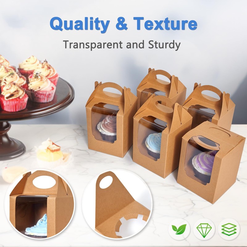 Shallive Cupcake Boxes 12pcs, Individual Cupcake Containers Brown with Window
