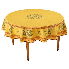 Occitan Imports Clos des Oliviers Safran Round French Tablecloth, Uncoated Cotton, 71 in diameter