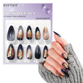 Almond Press on Nails Medium Fake Nails Cat Eye False Nails Yellow Maple Leaves Design Autumn Acrylic Nail Artificial Nail Glossy Full Cover Glue on Nails for Women 24 PCS