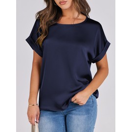 ANRABESS Women's Summer Dressy Casual Short Sleeve Shirts Crewneck Silk Satin Business Office Work Blouse Tops Navy Blue Medium