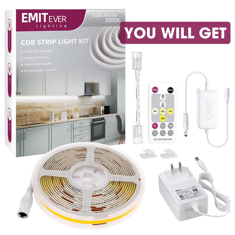 EMITEVER LED Strip Light, Cool White 5000K 16.4ft,24V DC COB