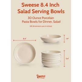Sweese Pasta Bowls, 30 Ounce Salad Serving Bowls Set of 6, 8.4 Inch Porcelain Plates for Serving Dinner, Salad - Microwave Dishwasher Safe, Hot Assorted Colors