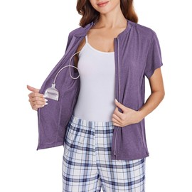 Deyeek Mastectomy Shirts with Drain Pockets Zip up Chemo Port Access Tops for Women Post Shoulders Surgery Must Have