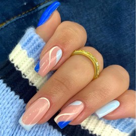 White Line Press on Nails Short Pink French Fake Nails with White Wavy Design Square Glossy Glue on Nails Artificial Acrylic Nails Blue Full Cover False Nails for Women