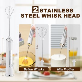 Freebala Handheld Electric Milk Frother with 2 Heads, Coffee Whisk Foam Mixer with USB Rechargeable 3 Speeds, Foam Maker Blender for Latte, Cappuccino, Hot Chocolate, Egg (White with stand)