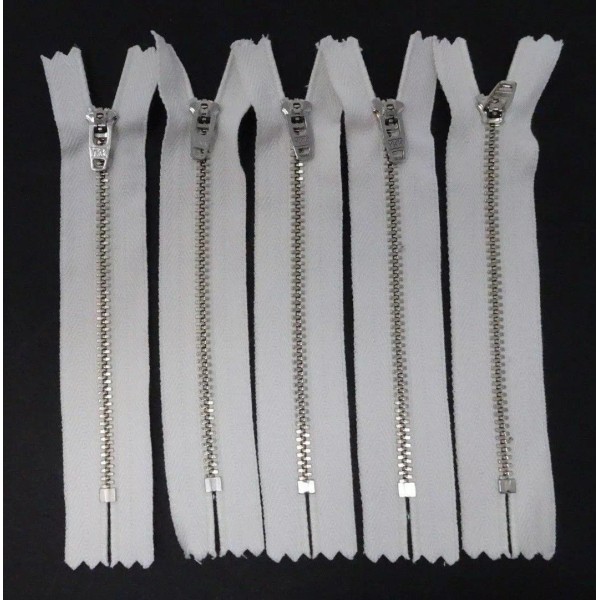 YKK Close-End White Zipper, Shiny Nickel Metal Teeth 5" -