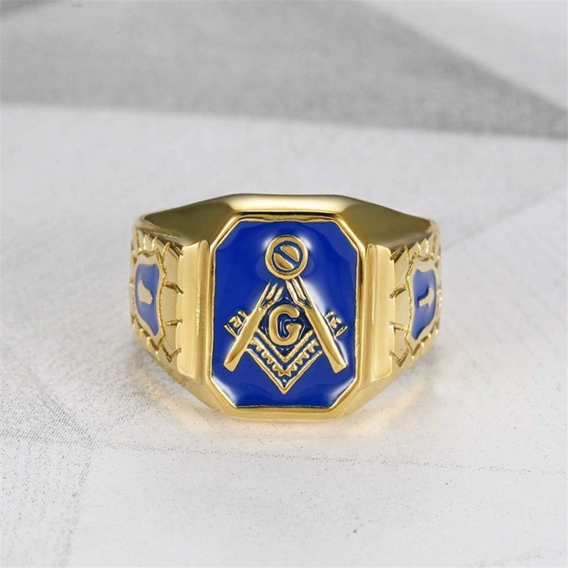 IFUAQZ Men's Stainless Steel Gold Plated Freemason Symbol Masonic Rings