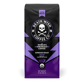DEATH WISH COFFEE Ground Espresso Roast - Extra Kick of Caffeine - Organic, Fair Trade, Strong Coffee Grounds from Arabica, Robusta (1-Pack)