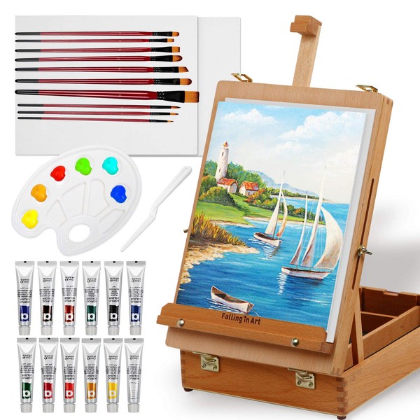 Wooden Desktop Easel, Falling in Art 27 PCS Acrylic Drawing And Painting Set with 12 Colors, Canvas Panels, Brushes, Plastic Palette & Palette Knives