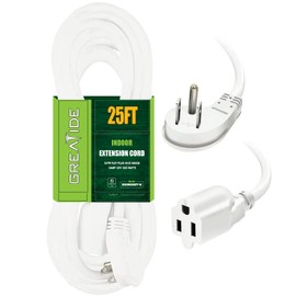 GREATIDE Cable de extensión de enchufe plano de 25 pies, 16 AWG 3 clavijas, cable de extensión blanco de bajo perfil para interiores y exteriores, listado UL