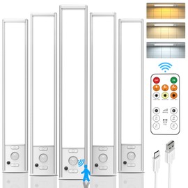 Under Cabinet Lighting Wireless, Rechargeable 180 Lumen Motion Sensor Indoor Light, 3 Color Dimmable Closet Lights with Remote Control, Under Counter Light for Kitchen, Stairs, Wardrobe, 5 Pack