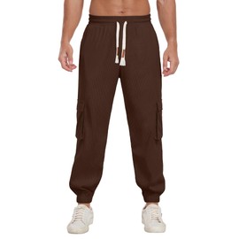 Askdeer Men's Corduroy Cargo Pants Baggy Joggers Casual Pants Drawstring Elastic Waist Corduroy Pants with 5 Pockets Camel