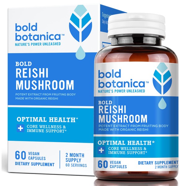 Bold Botanica Bold Reishi Mushroom Capsules - Concentrated Organic Reishi Extract for Immune Support & Core Wellness - 100% Fruiting Body - No Mycelia & No Grain - 60 Vegan Capsules