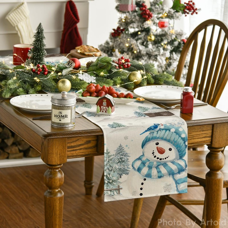 Artoid Mode Blue Snowman Christmas Table Runner, Seasonal Winter Kitchen
