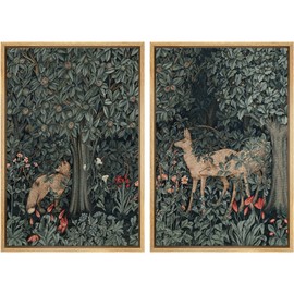 MUDECOR Framed Canvas Print Wall Art Enchanting Forest Wildlife Prints Deer & Fox in Woodland Nature Wilderness Illustrations Realism Decorative for Living Room, Bedroom, Office - 16"x24"x2 Natural
