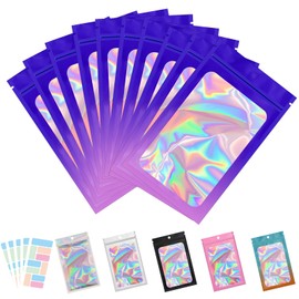 100 Pack Resealable Bags for Small Business, Mylar Bags with Front Window Holographic Bags Mylar Ziplock Bags for Food Storage Candy with 100 Color Labels(Purple-Pink,3 X 4.7 Inch)
