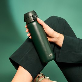 ION8 Vacuum Insulated Steel Water Bottle, 500 ml/18 oz, Leak Proof, Easy to Open, Secure Lock, Dishwasher Safe, Fits Cup Holders, Carry Handle, Scratch Resistant, Metal Water Bottle, Dark Green